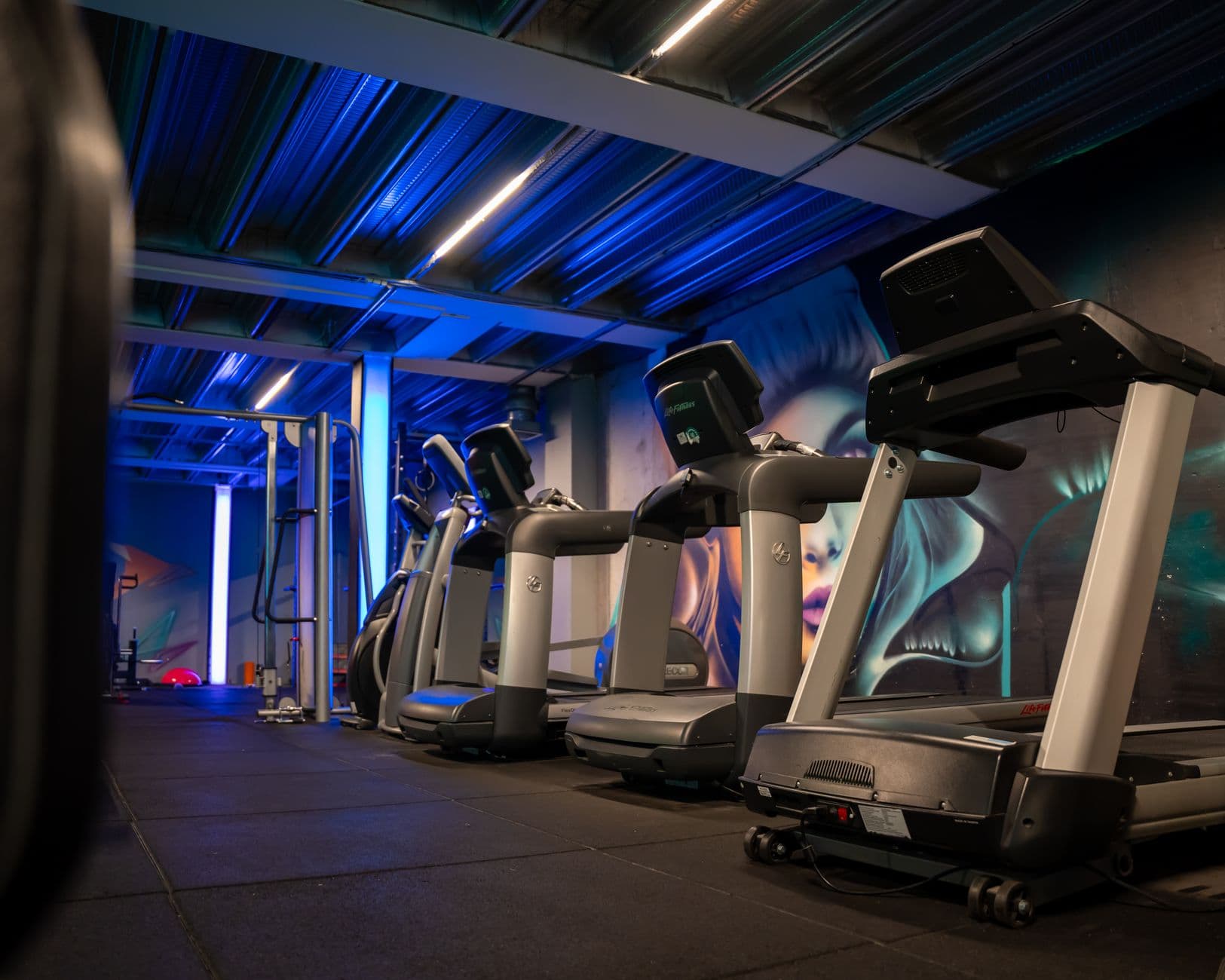Gym training floor with cardio and strength equipment