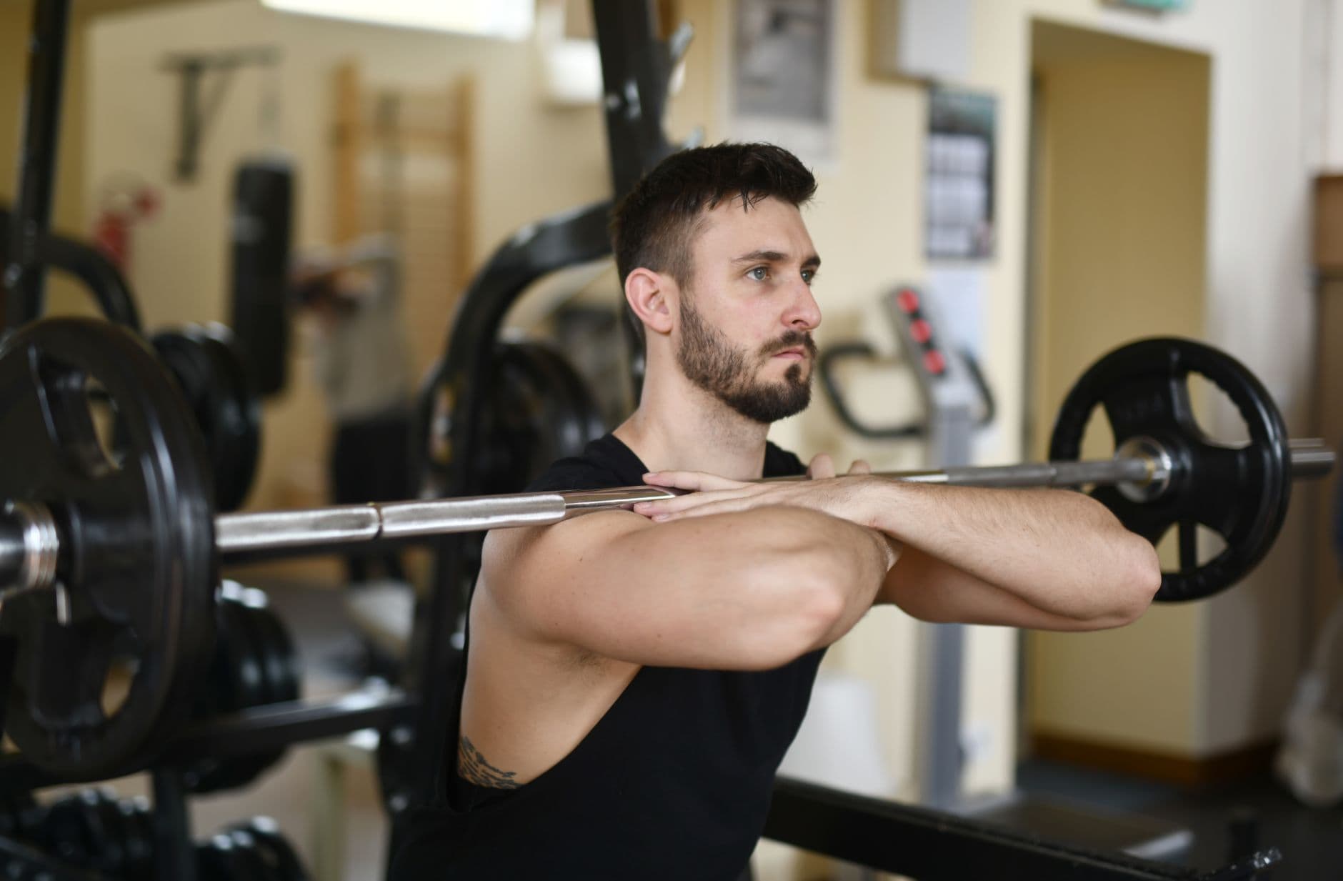 Barbell and weights in a gym